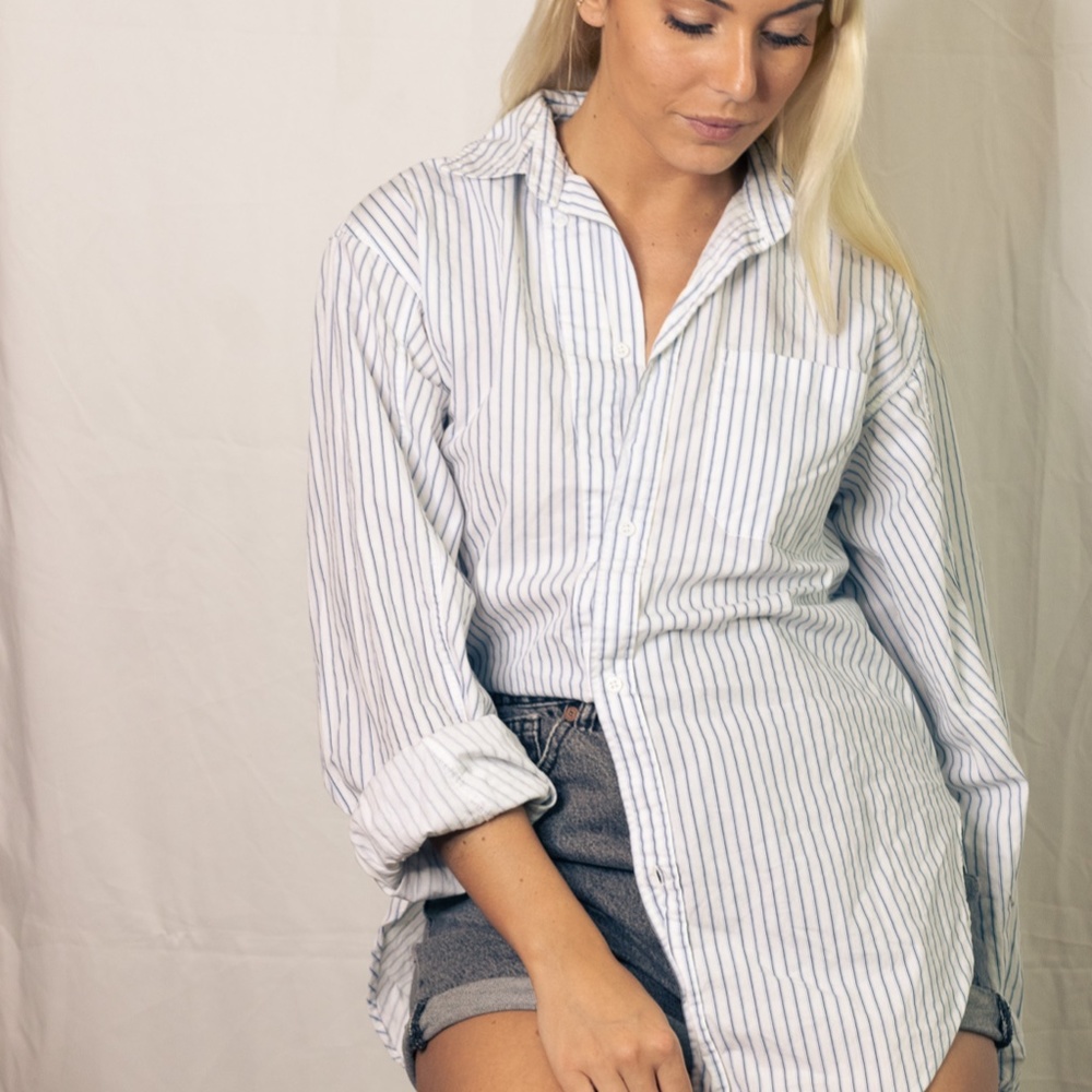 Zara Woman Blue White Stripe Button Down Shirt